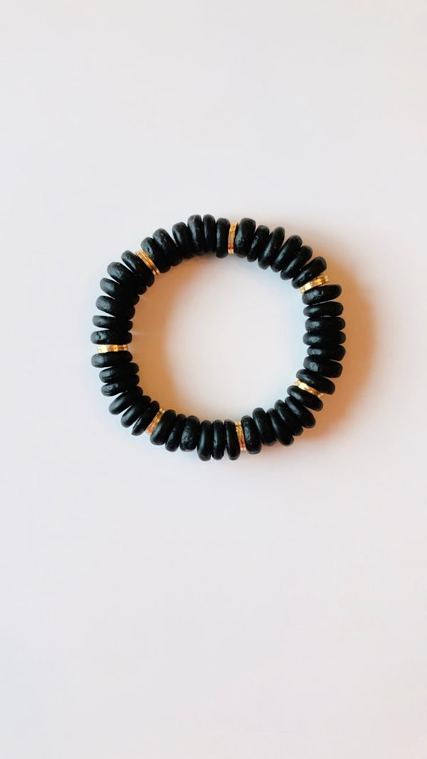 Black recycled glass rondelle bracelet