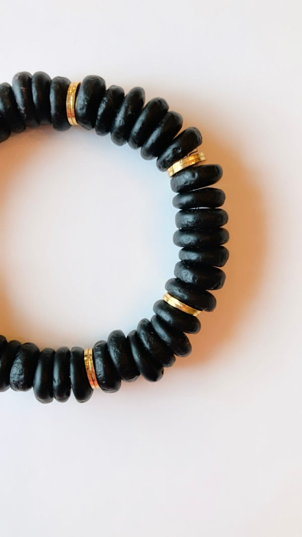 Black recycled glass rondelle bracelet