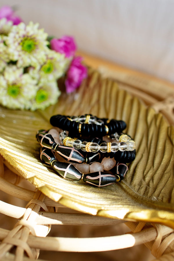 Black recycled glass rondelle bracelet