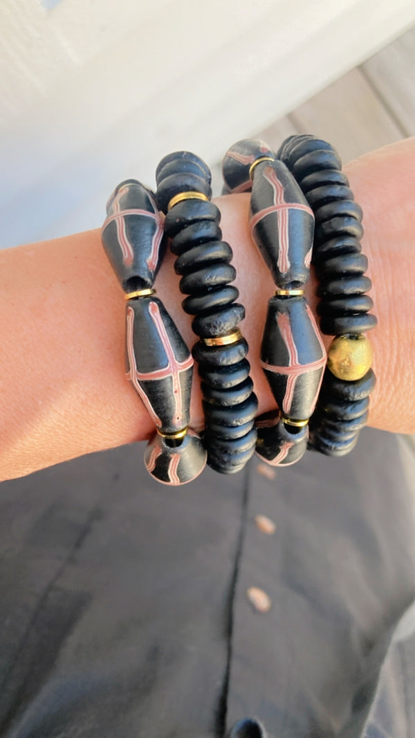 Black recycled glass rondelle bracelet