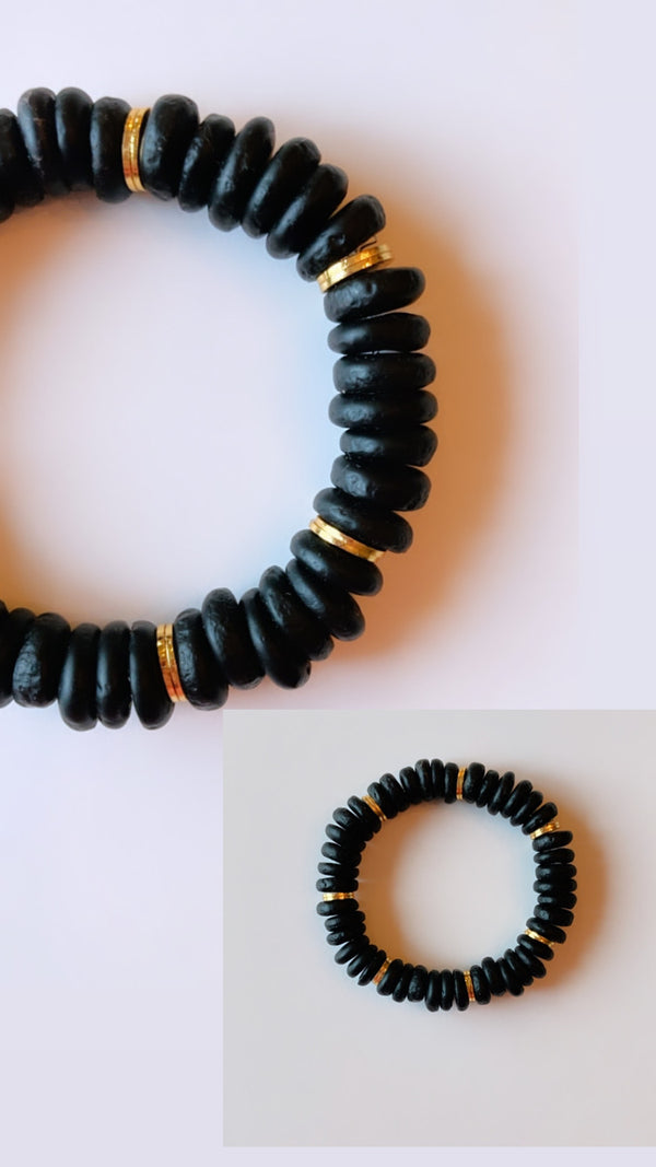 Black recycled glass rondelle bracelet